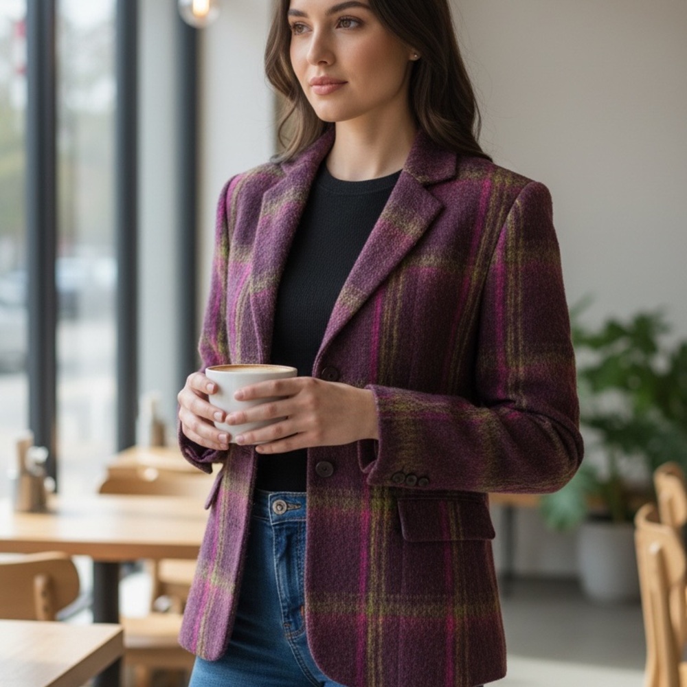 Kasper Vintage Plum Purple Green‎ Plaid Wool Blazer Size 6 - Picture 3 of 8